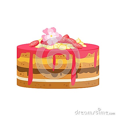 Layered Cake With Flowers And Different Creams Decorated Big Special Occasion Party Dessert For Wedding Or Birthday Vector Illustration