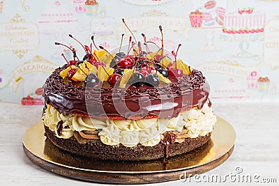 Layered chocolate cake with cherries Stock Photo