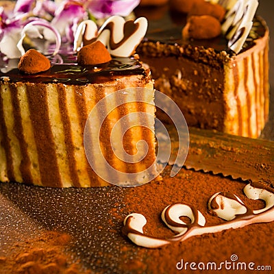 Layered chocolate coating cake and knife Stock Photo