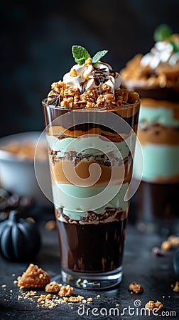 Layered Chocolate Mint Parfait with Whipped Cream and Crumble Topping Stock Photo