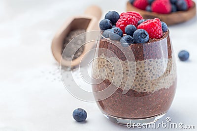 Layered chocolate and peanut butter chia seed pudding in glass, garnished with raspberry and blueberry, horizontal, copy space Stock Photo