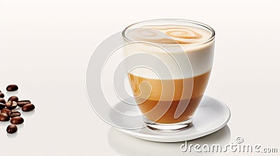 a layered coffee with a smiley face design on the foam, beside scattered coffee beans on a white surface Stock Photo