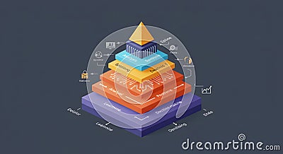 Layered Data Pyramid: AI-Driven Decision-Making System Architecture Cartoon Illustration