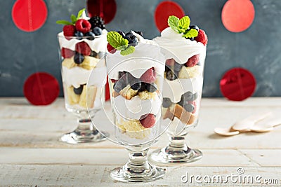 Layered dessert parfait with sweet bread and berries Stock Photo