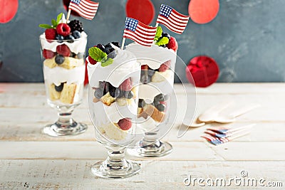 Layered dessert parfait with sweet bread and berries Stock Photo