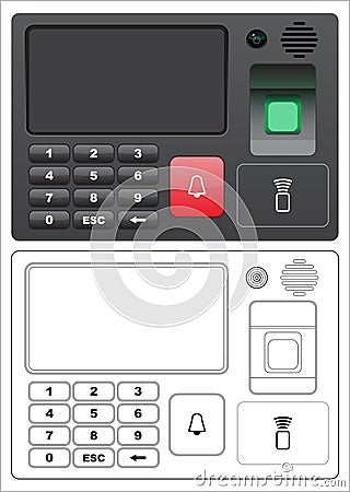 Vector illustration of access control system,with LCD screen, password input, fingerprint scanning, card reader, Vector Illustration