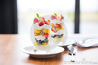 layered fruit salad parfait in clear glasses Stock Photo