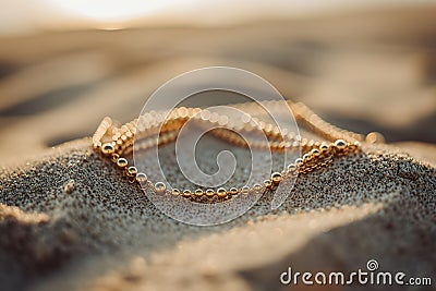 Layered golden anklet glistening on beach sand at sunset Stock Photo