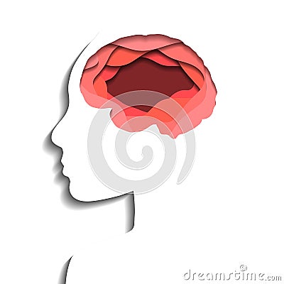 Layered human profile and brain cut out of paper on white background. Paper cut origami. Meditation and education. Vector Vector Illustration