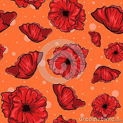 Layered illustration of poppy flowers. Seamless pattern with red plants in bloom, spring season concept Vector Illustration