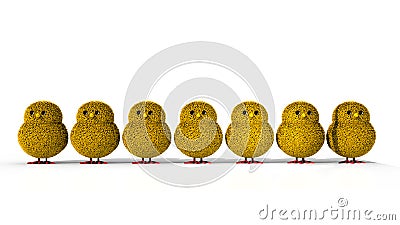 Seven yellow Easter Chicks standing in a row Stock Photo