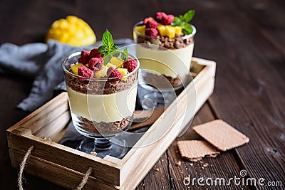 Layered mango dessert with cream cheese, crushed biscuits and freeze dried raspberries Stock Photo