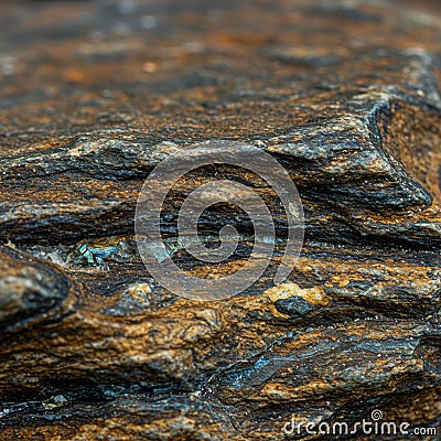 Layered metamorphic rock displaying intricate, wavy patterns and rich coloration, Stock Photo