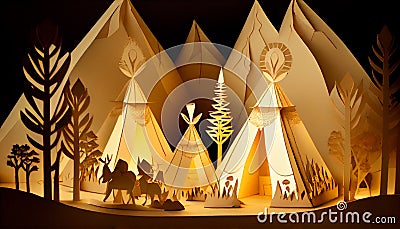 Paper art diorama of Indigenous teepees Stock Photo