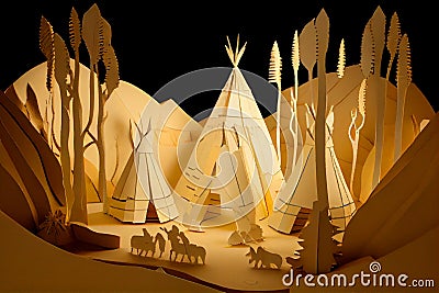 Paper art diorama of Indigenous teepees Stock Photo