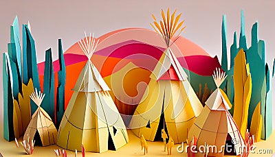 Paper art diorama of Indigenous teepees Stock Photo