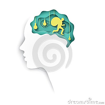 Layered paper cut out colored paper human profile with brain Vector Illustration