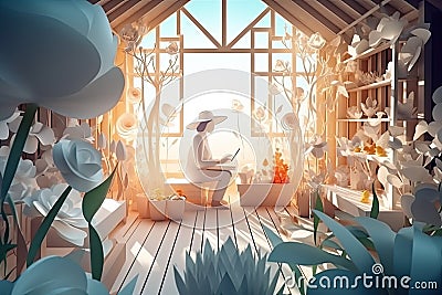 Layered paper, gardener in greenhouse tending flowers, bright white light, summer colors, bright sky background, concept art, Stock Photo