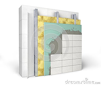 Layered scheme of interior wall insulation and covering by tiles Cartoon Illustration