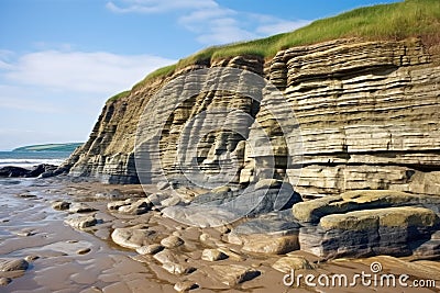 layered sedimentary rocks in a coastal landscape Stock Photo