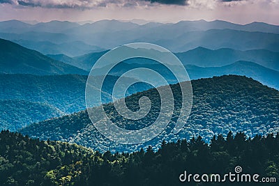 Layers of the Blue Ridge Mountains seen from Cowee Mountains Overlook on the Blue Ridge Parkway in North Carolina. Stock Photo