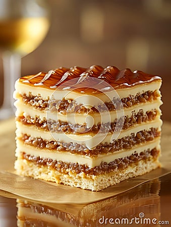 Layers of Decadence Exquisite Caramel Pecan Cake on Wooden Table with White Wine in the Background Stock Photo