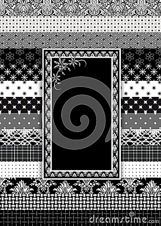 Black, White and Gray Background with layers of designer patterns with Text Area in the center with motif. Stock Photo