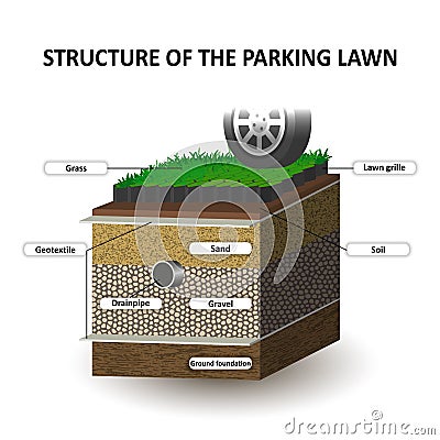 Layers of soil, grass lawn for the cars parking, education diagram. Grille, sand, gravel, geotextile. Template for banners, vector Vector Illustration