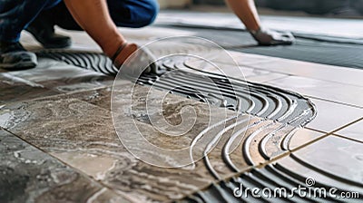 Laying floor ceramic tile. Renovating the floor. Stock Photo