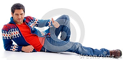 Laying handsome adult man looking at camera Stock Photo