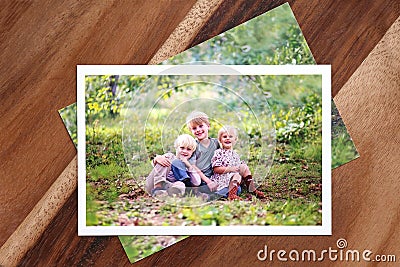 4x6 Prints of Family Portraits of Three Young Children Stock Photo