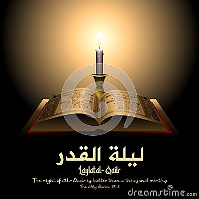 Laylat al-Qadr Night of Measures or Destiny square image. Candle and open Quran, surahs At-Tin 95, Al-Alaq 96, Al-Qadr 97, Al-Bayy Vector Illustration