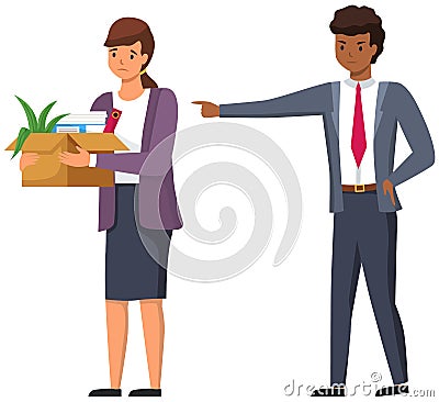 Layoff concept. Angry man boss dismissed employee. Unhappy girl leave the office with things in box Vector Illustration