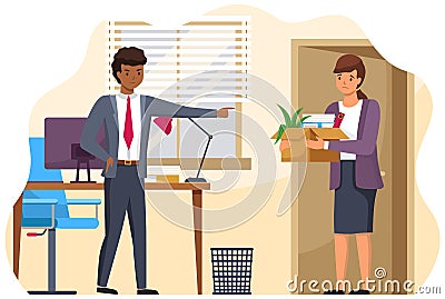 Layoff concept. Boss dismissed employee. Unhappy fired woman leave the office with things in box Vector Illustration