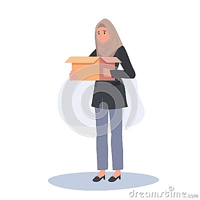 Layoff Concept. Muslim Businesswoman with Box Leaving Job Vector Illustration