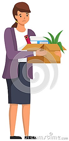 Layoff concept. Unhappy fired woman leave the office with things in box isolated on white background Vector Illustration