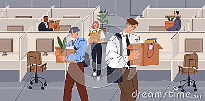 Layoff, staff reduction and dismissal concept. Fired dismissed redundant employees, office workers leaving company Vector Illustration