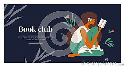 Layout design template of book club with vector illustration of young reading woman Cartoon Illustration