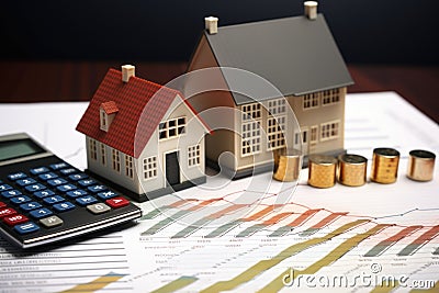 The layout of the house, money, graphics. an inflationary crisis due to an increase in the interest rate affecting the buyer of Stock Photo