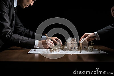 Layout of a house on a table and hands of businessmen, concept of development strategy design. AI-Generated Stock Photo