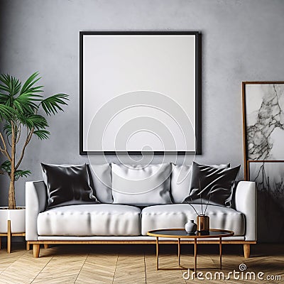 Big blank square picture mockup on a grey wall of living room Stock Photo