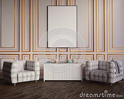 Layout poster with chair and hippest fabric minimalism interior background 3D illustration Stock Photo