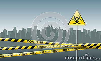 Layout of the quarantine area of coronavirus epidemic covid-19. Coronavirus quarantine warning tapes and biohazard sign. Pandemic Vector Illustration