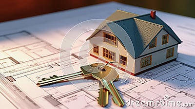 A layout of a toy house, keys on a floor plan, symbolize the cherished dream of homeownership Stock Photo
