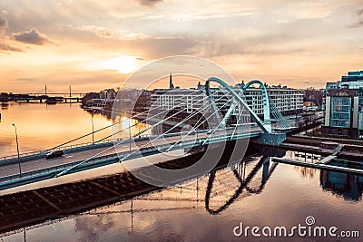 Lazarevsky Bridge in St. Petersburg. Cable-stayed Lazarevsky Bridge in Sant Petersburg a sunset, Russia Editorial Stock Photo