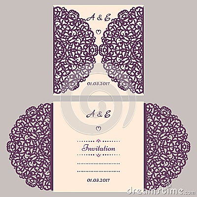 Lazercut vector wedding invitation template. Wedding invitation envelope for laser cutting. Lace gate folds.Lazer cut Vector Illustration