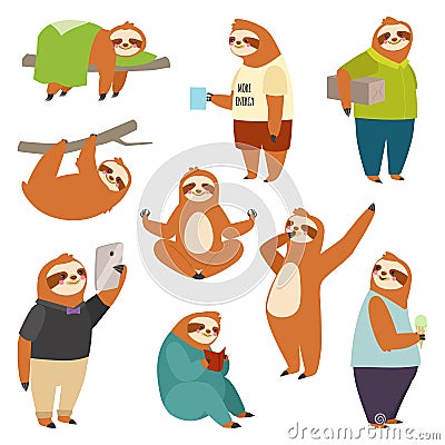Laziness sloth animal character different human pose lazy cartoon kawaii wild jungle mammal flat design vector Vector Illustration