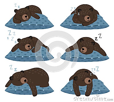 Lazy bear sleep. Sleeping cute teddy character poses on pillow, quiet winter rest, fat animal laziness vector Vector Illustration