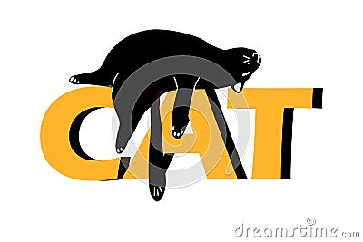 A lazy black cat is lying on the inscription in large letters cat .Vector illustration in the style of a cartoon Vector Illustration