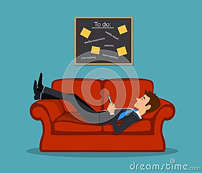 Lazy bored employee laying on couch, playing with telephone postponing his tasks from to do list. Vector Illustration